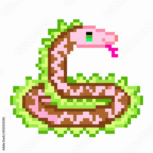 Pixel art coiled snake with green scales and pink tongue, retro digital reptile character on white background