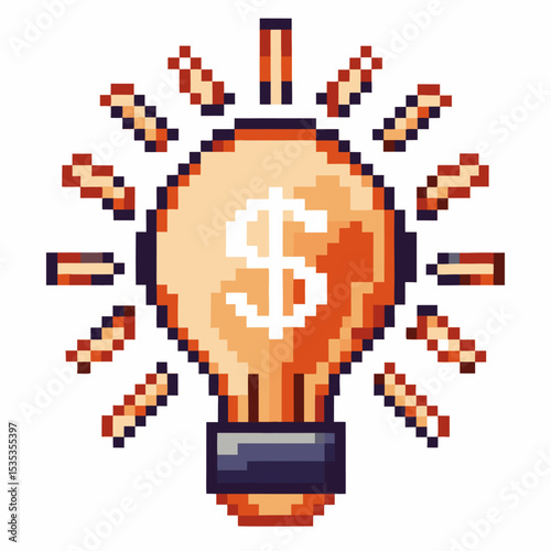 Pixel art lightbulb with dollar sign, symbolizing innovation and creative financial ideas, bright concept for investment success
