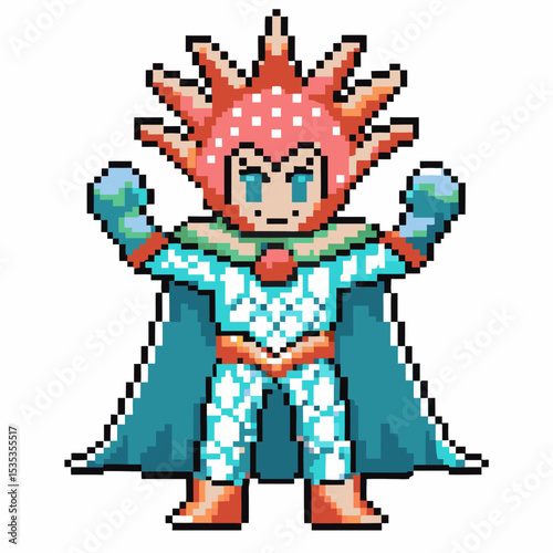 Pixel art superhero character with spiked pink hair, blue eyes, green cape, and detailed white suit standing confident