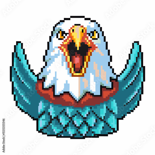 Pixel art bald eagle with wings spread, fierce expression and open beak retro game animal mascot, digital bird illustration