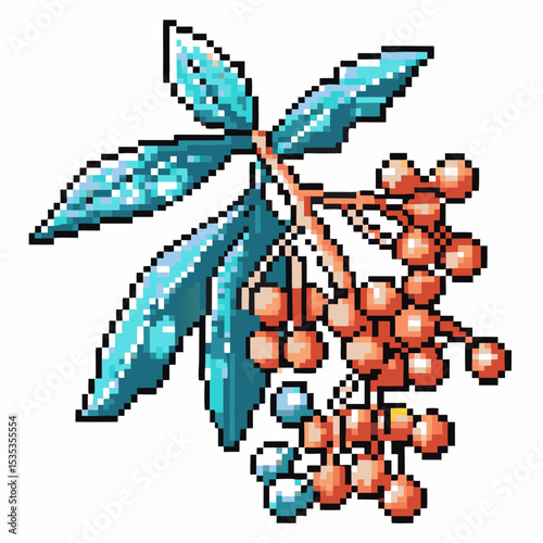 Pixel art botanical branch with blue green leaves and clusters of pinkish berries retro nature plant illustration