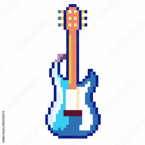 Pixel art electric guitar in blue with wooden neck, retro digital instrument for music, entertainment and gaming themes