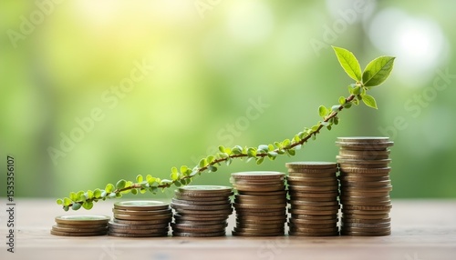 Green arrow made of plants growing over coin stacks representing sustainable financial growth