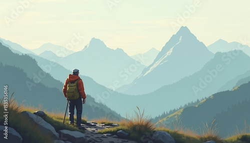 Hiker Standing on Mountain Trail Surrounded by Misty Blue Peaks and Green Hills in Calm Outdoor Landscape photo