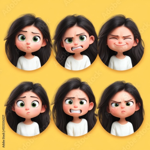 Expressions of a young girl showing various emotions against a bright yellow background
