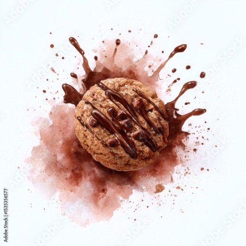 Delicious chocolate cookie with drizzle on artistic splash background