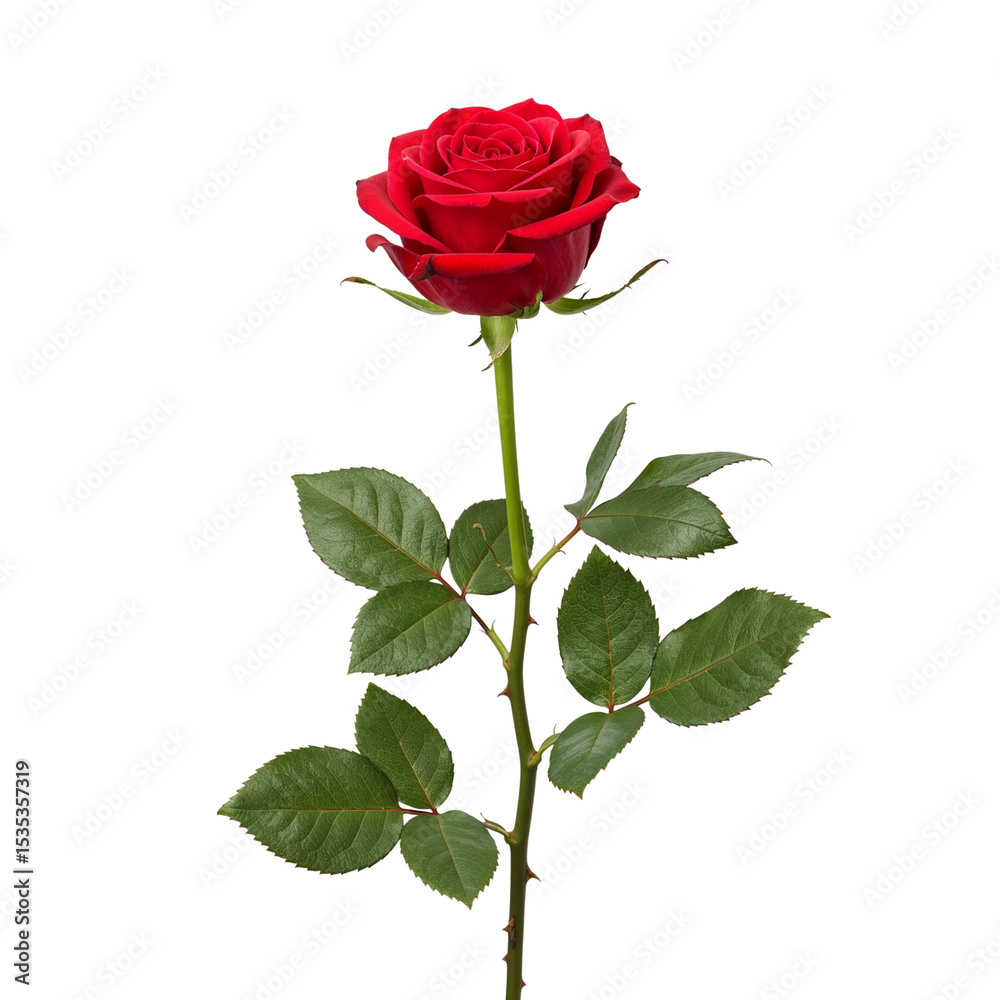 Fototapeta premium Single red rose stem isolated on transparent background