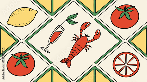 Hand drawn vector illustration of seafood and beverages on a transparent tile pattern