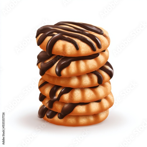 Freshly baked cookies with chocolate drizzle stacked neatly on a white background