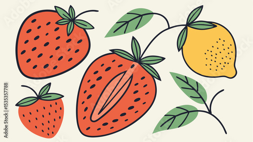 Hand drawn vector illustration of strawberries lemon and leaves with transparent background