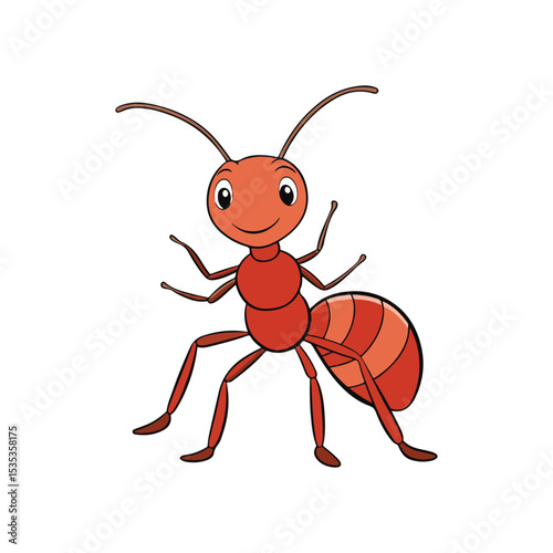 Cartoon illustration of a smiling red ant on a white background