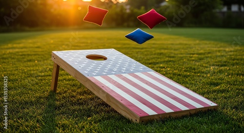 Cornhole game with patriotic design in summer