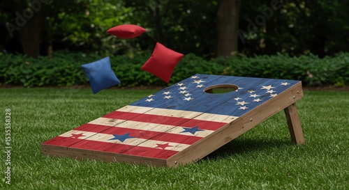 Cornhole game with American flag design outdoors