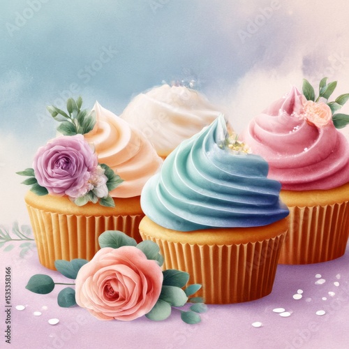 Colorful decorated cupcakes with floral designs arranged on a pastel surface in bright light