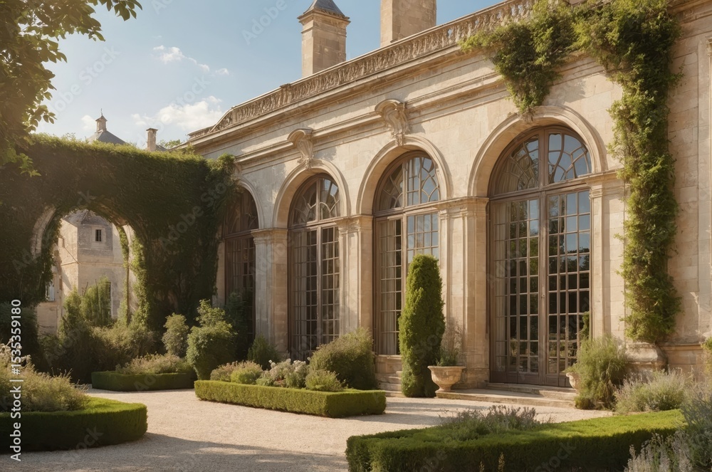 Fototapeta premium The historic mansion shines with a manicured garden under the colorful sunset horizon.