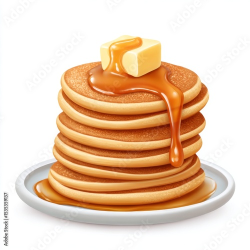 Stack of fluffy pancakes topped with butter and syrup on a white plate