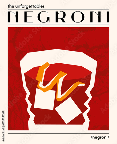 Negroni cocktail. Vector illustration of classic alcoholic drink with orange peel and ice cubes. Poster with cocktail in old fashioned glass. Contemporary poster for bar, restaurants and menu.