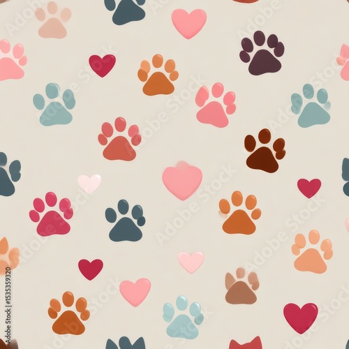 Colorful paw prints and hearts pattern on a light background for pet lovers and animal enthusiasts