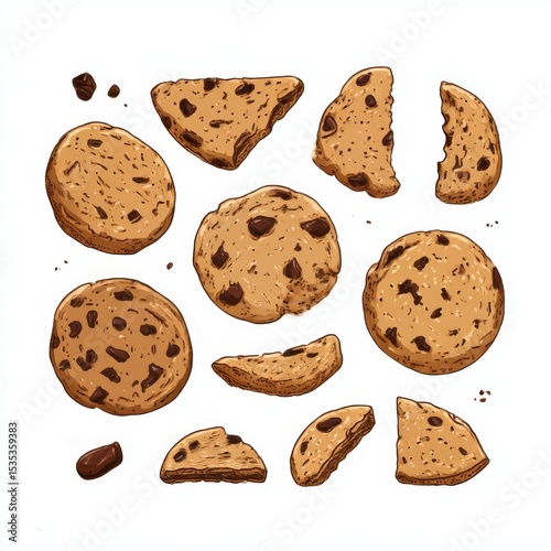 Decorative arrangement of chocolate chip cookies on a white background