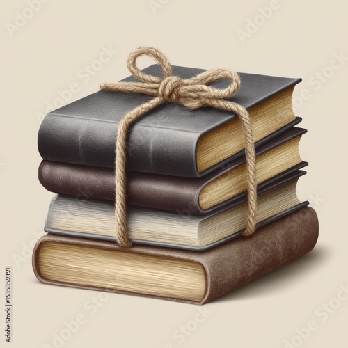 Stack of classic bound books tied with rope on a neutral background