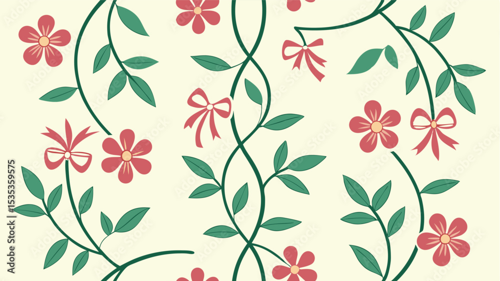 Fototapeta premium Hand drawn vector seamless floral pattern with flowers ribbons and leaves on transparent background