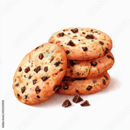 Delicious homemade chocolate chip cookies stacked on a white background