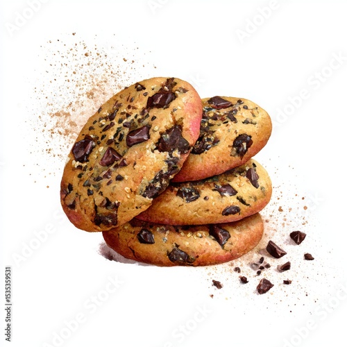 Delicious chocolate chip cookies stacked elegantly on a clean surface