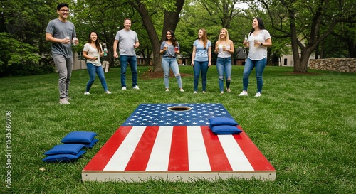 People playing cornhole game outdoors on grass