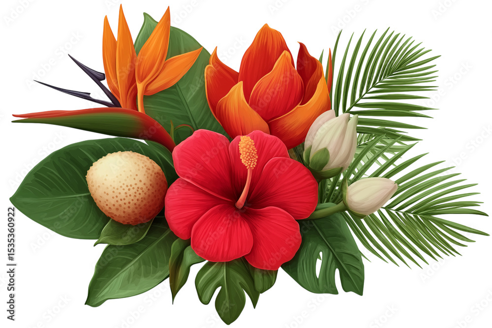 Naklejka premium Colorful tropical bouquet featuring hibiscus, protea, bird of paradise, and anthurium flowers with lush green leaves, isolated on a transparent background