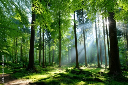 Green forest with sunlight. Beautiful woodland