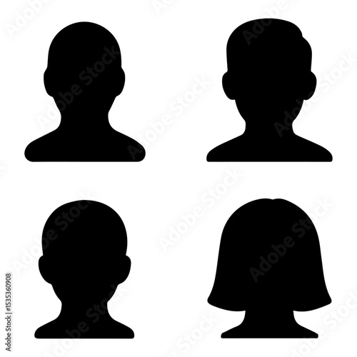 Simple Profile: A set of four minimalist silhouette profiles representing various individuals, suitable for versatile design applications.