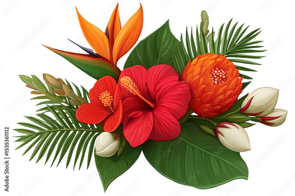 Obraz premium Colorful tropical bouquet featuring hibiscus, protea, bird of paradise, and anthurium flowers with lush green leaves, isolated on a transparent background