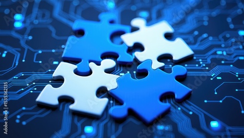 Blue and White Puzzle Pieces on Circuit Board Background