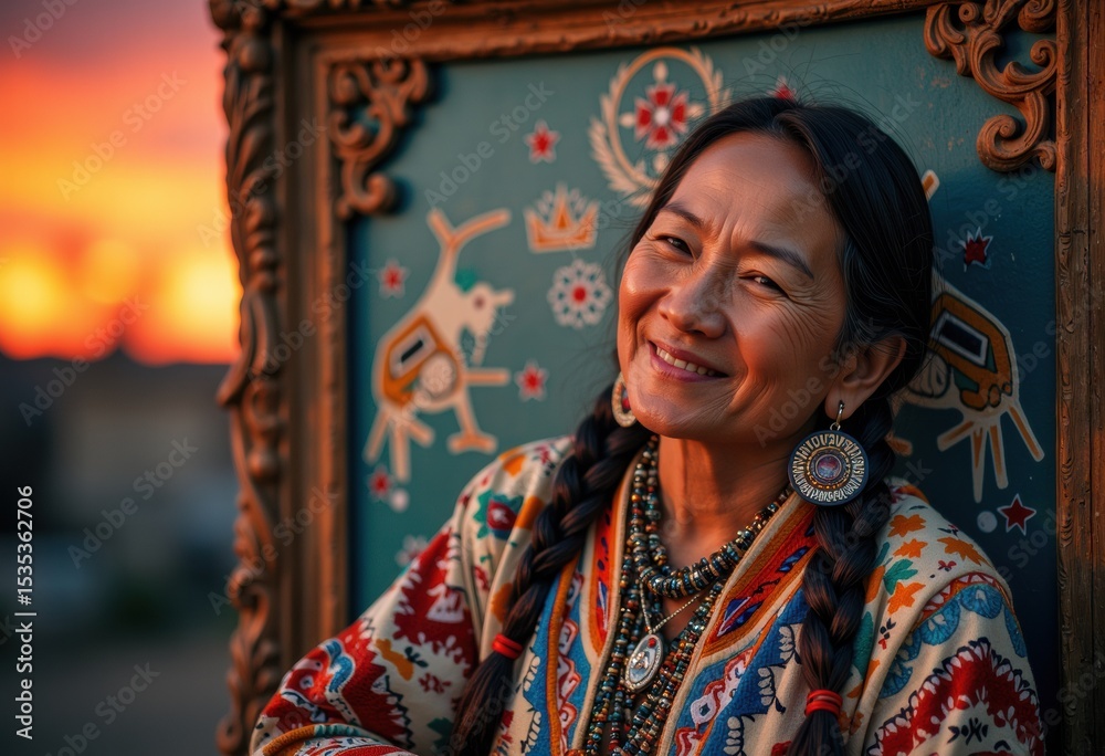 Fototapeta premium Smiling woman in traditional attire with intricate jewelry against a sunset backdrop