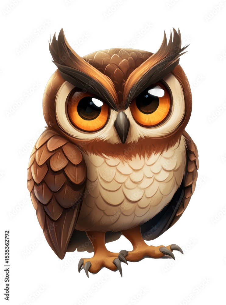 Fototapeta premium Illustrated owl with detailed plumage and striking eyes