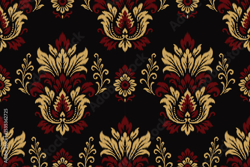 Seamless ikat damask floral pattern with gold and maroon ornamental motifs on black background, perfect for ethnic textile, abstract fabric, traditional clothing, elegant decoration illustration.