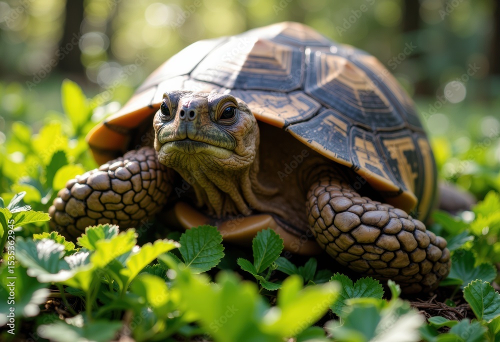 Naklejka premium A close-up of a tortoise resting on vibrant green foliage