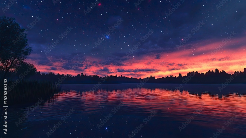 Naklejka premium Night sky reflecting on a serene lake