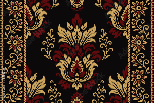 Seamless ikat damask floral pattern with gold and maroon ornamental motifs on black background, perfect for ethnic textile, abstract fabric, traditional clothing, elegant decoration illustration.