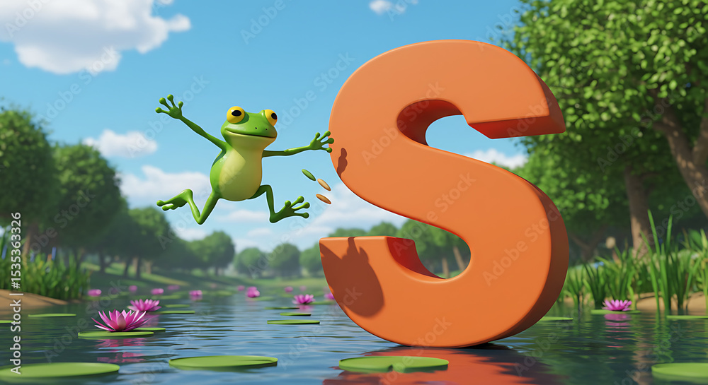 Fototapeta premium A vibrant scene of a frog with letter 