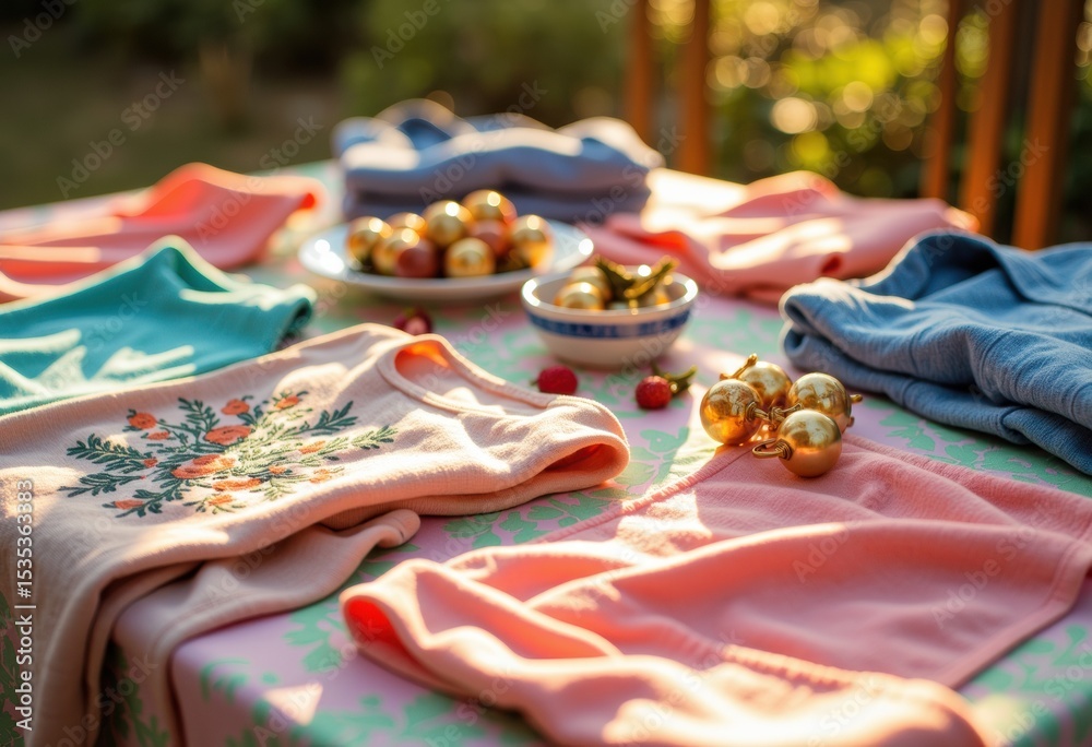 Fototapeta premium Colorful clothing laid out on a table with decorative ornaments