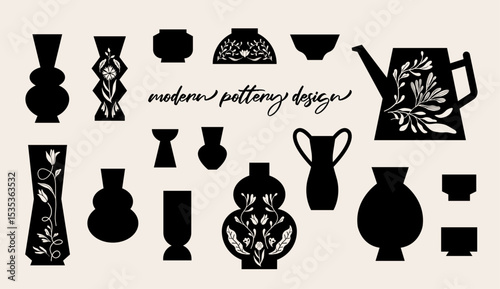 Modern design pottery illustration. Isolated vector, silhouette graphic, flowerpot, plant pot, interior decor.