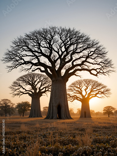 West Africa. Senegal. Picturesque contours of grandiose baobabs on a peanut field in the rays of the setting sun.