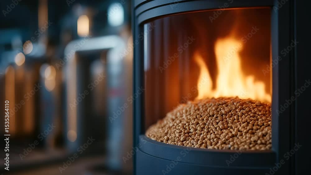 Modern boiler room featuring a compressed wood pellet heating stove in action.