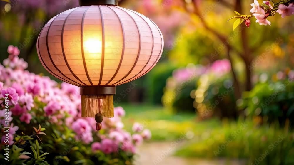 Hanging Asian lantern illuminates a flowering garden, showcasing pink blossoms against a lush green bokeh backdrop in soft light