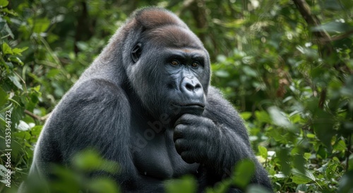 A thoughtful gorilla rests its chin on its hand amidst lush green foliage in its natural habitat