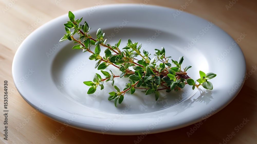 Fresh Thyme Sprigs on a White Plate Fresh Thyme Sprigs on a White Plate