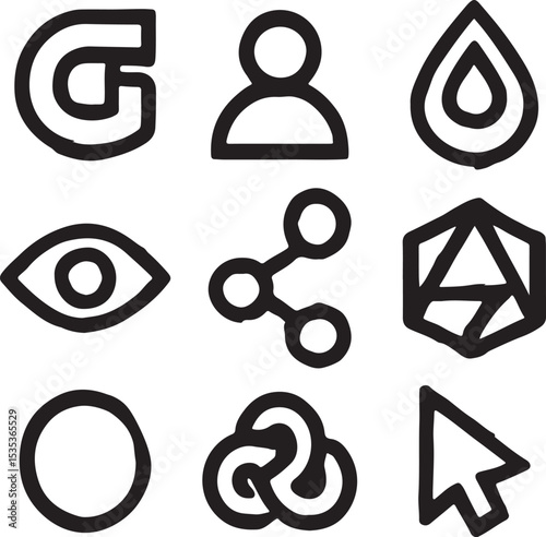 Hand-Drawn Interface Icons |Bold Black Line Symbols in Minimalist 3x3 Grid