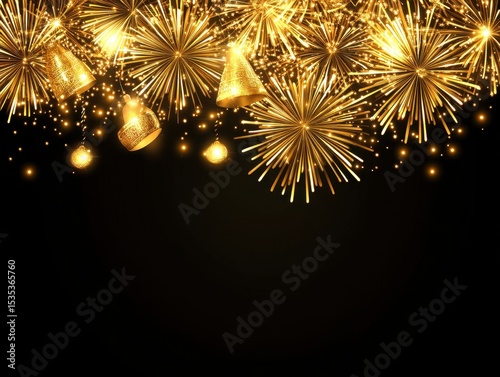 Glimmering Golden Fireworks and Bells for Festive Celebration