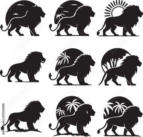 Regal Lion Silhouettes in Circular Motifs Bold 3x3 Grid with Exotic Backdrops